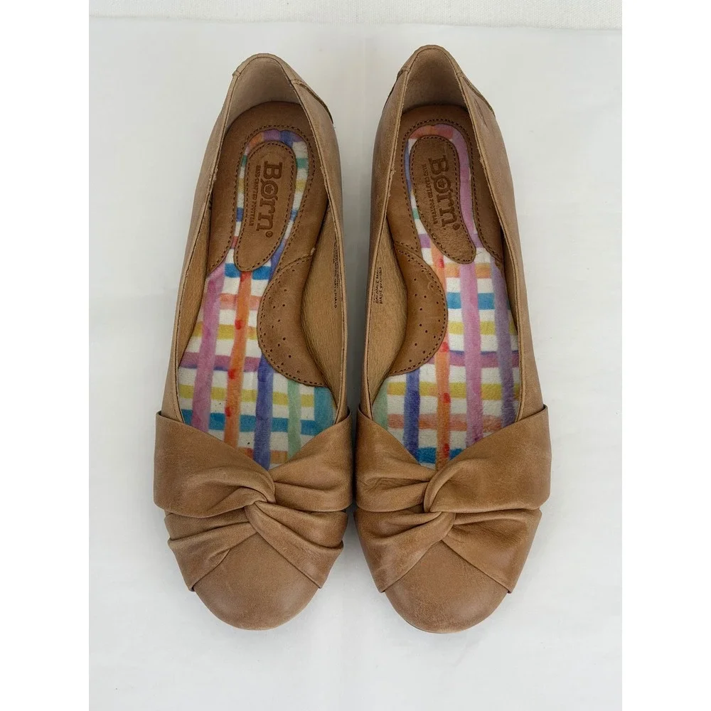Born Leather Ballet Flats Size 7.5 Tan Knotted Toe Slip On Comfort Capsule
